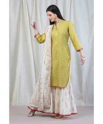  Lime Green Pintucks Tunic With Ivory Gharara And Dupatta 2