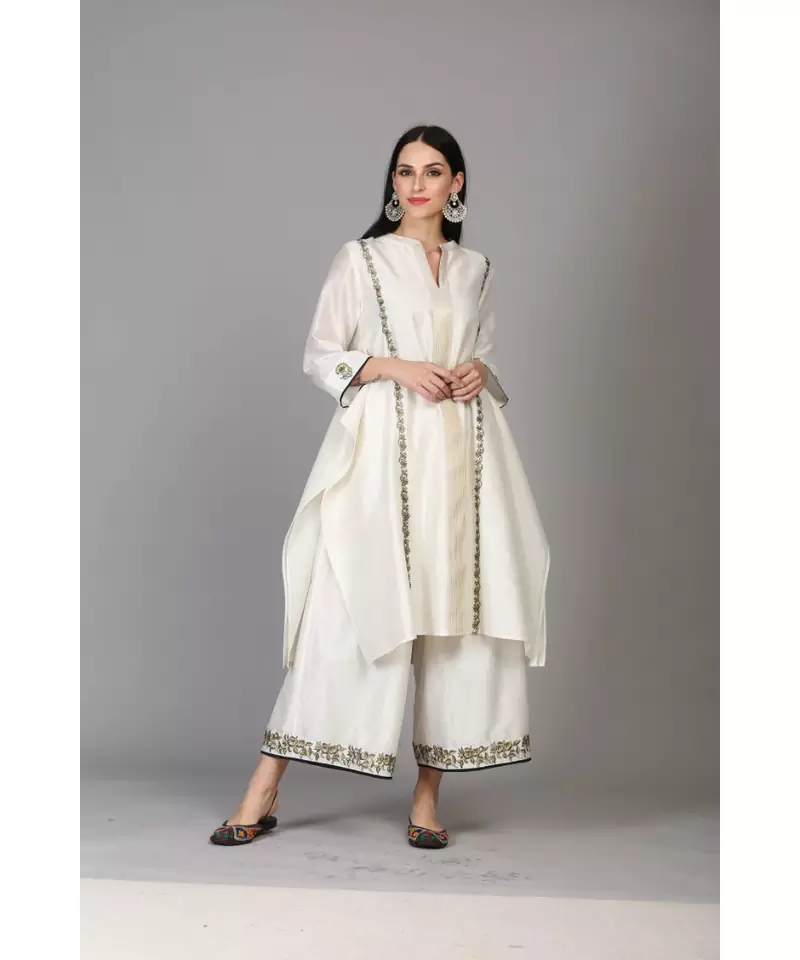 ANJU HARLEEN IVORY ASYMMETRICAL TUNIC WITH FARSHI AND DUPATTA