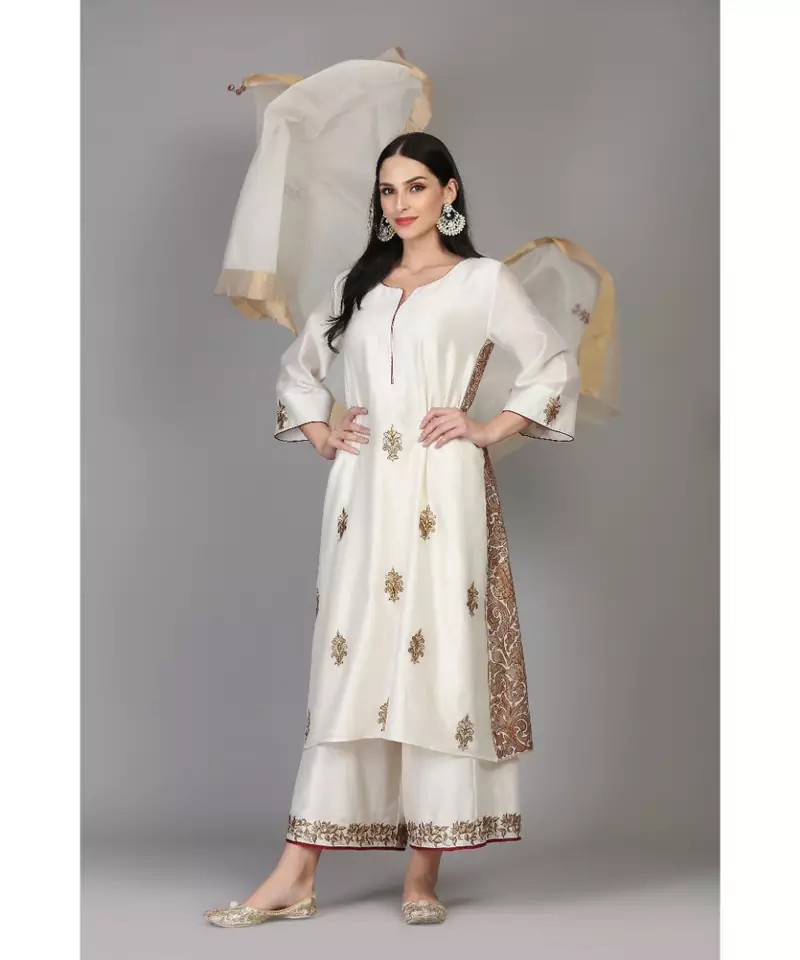 ANJU HARLEEN IVORY SIDE BANARASI KALI TUNIC WITH FARSHI AND DUPATTA