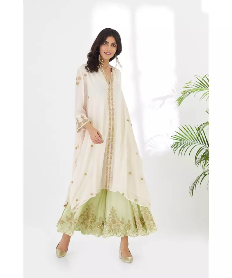 ANJU HARLEEN LIGHT PINK ASYMMETRICAL TUNIC WITH APPLE GREEN SHARARA AND DUPATTA