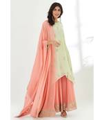 ANJU HARLEEN APPLE GREEN ASYMMETRICAL TUNIC WITH PEACHISH PINK SHARARA AND DUPATTA