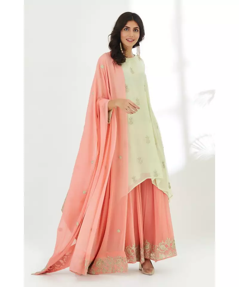 ANJU HARLEEN APPLE GREEN ASYMMETRICAL TUNIC WITH PEACHISH PINK SHARARA AND DUPATTA