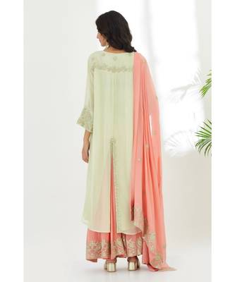 Apple Green Asymmetrical Tunic With Peachish Pink Sharara And Dupatta 2