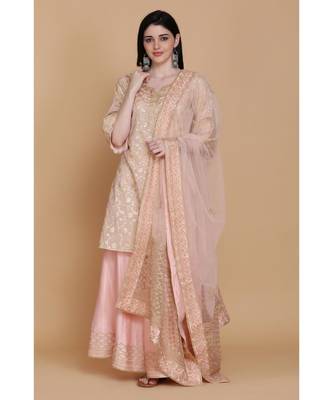 Light Pink Banarasi Tunic With Sharara And Dupatta 1