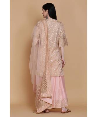 Light Pink Banarasi Tunic With Sharara And Dupatta 3