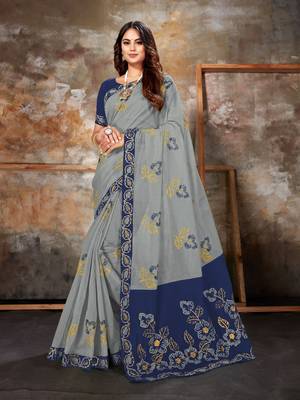 Grey embroidered chanderi saree with blouse 1