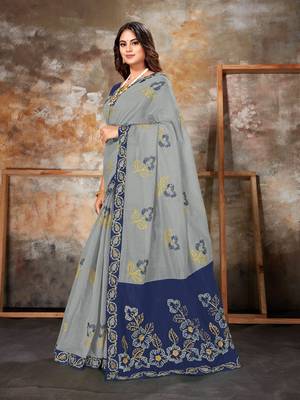 Grey embroidered chanderi saree with blouse 2