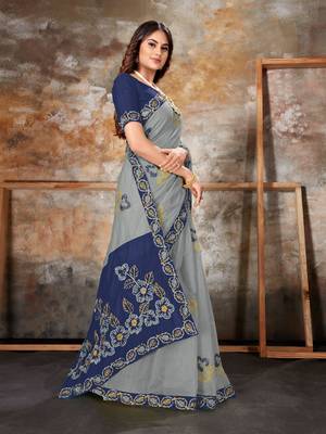 Grey embroidered chanderi saree with blouse 3