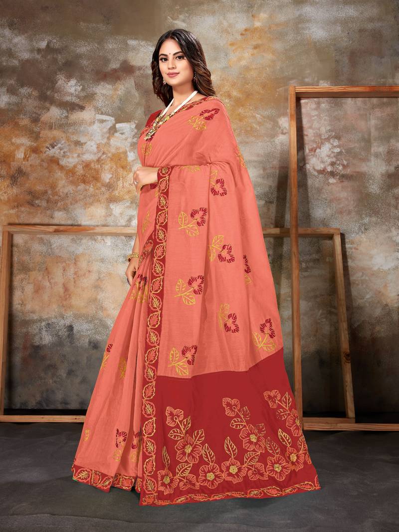 Pink embroidered chanderi saree with blouse