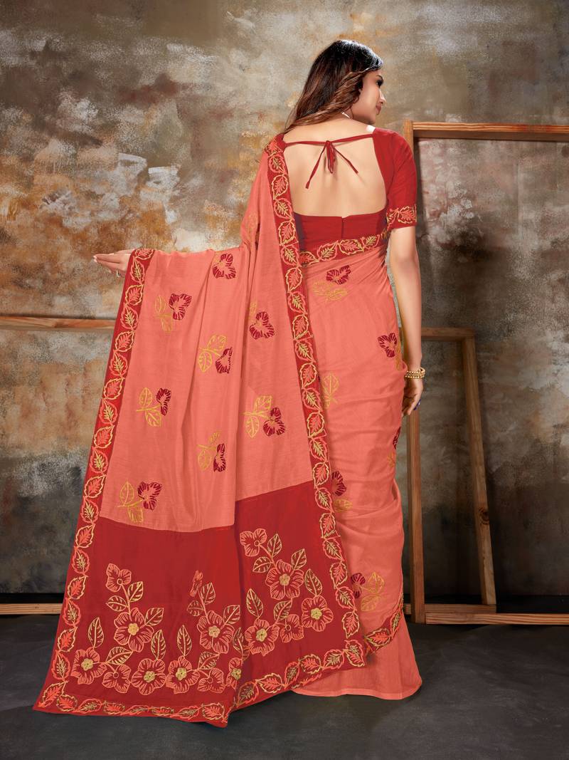 Pink embroidered chanderi saree with blouse