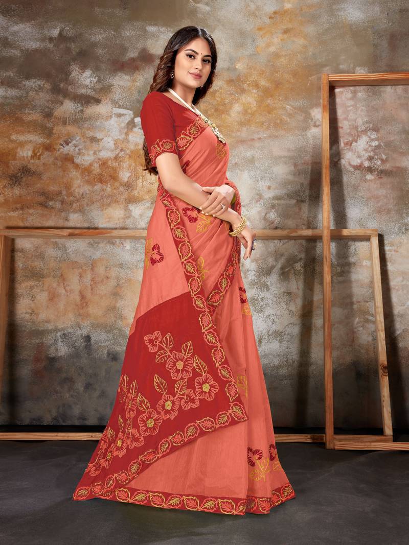 Pink embroidered chanderi saree with blouse
