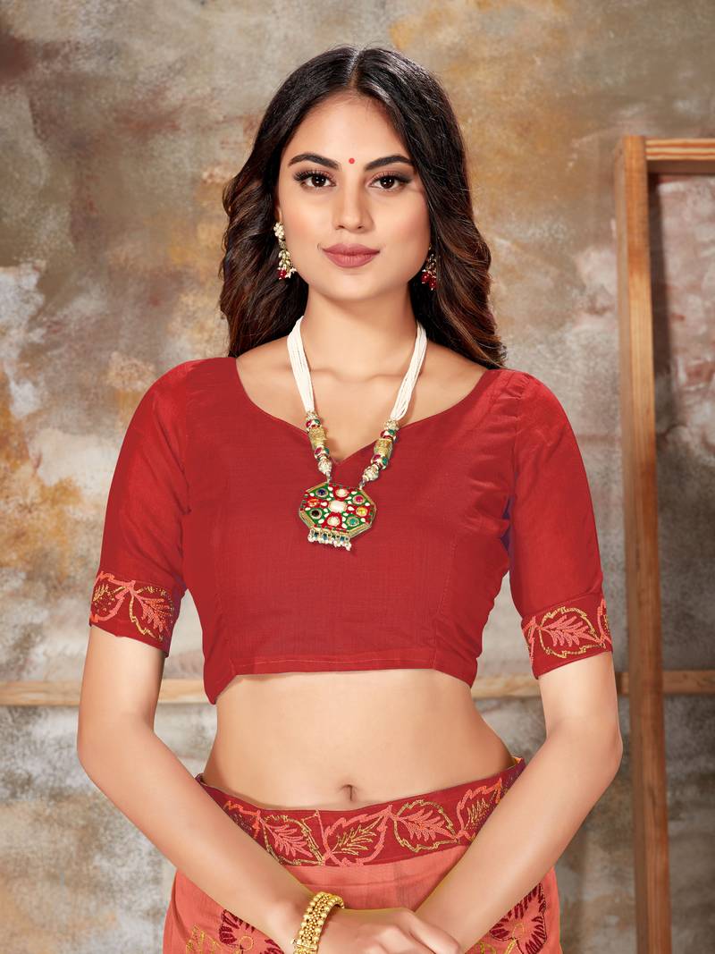 Pink embroidered chanderi saree with blouse