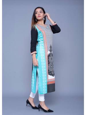 Sky-blue printed rayon kurtas-and-kurtis 4