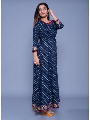 Dark-royal-blue printed rayon ethnic-kurtis 4
