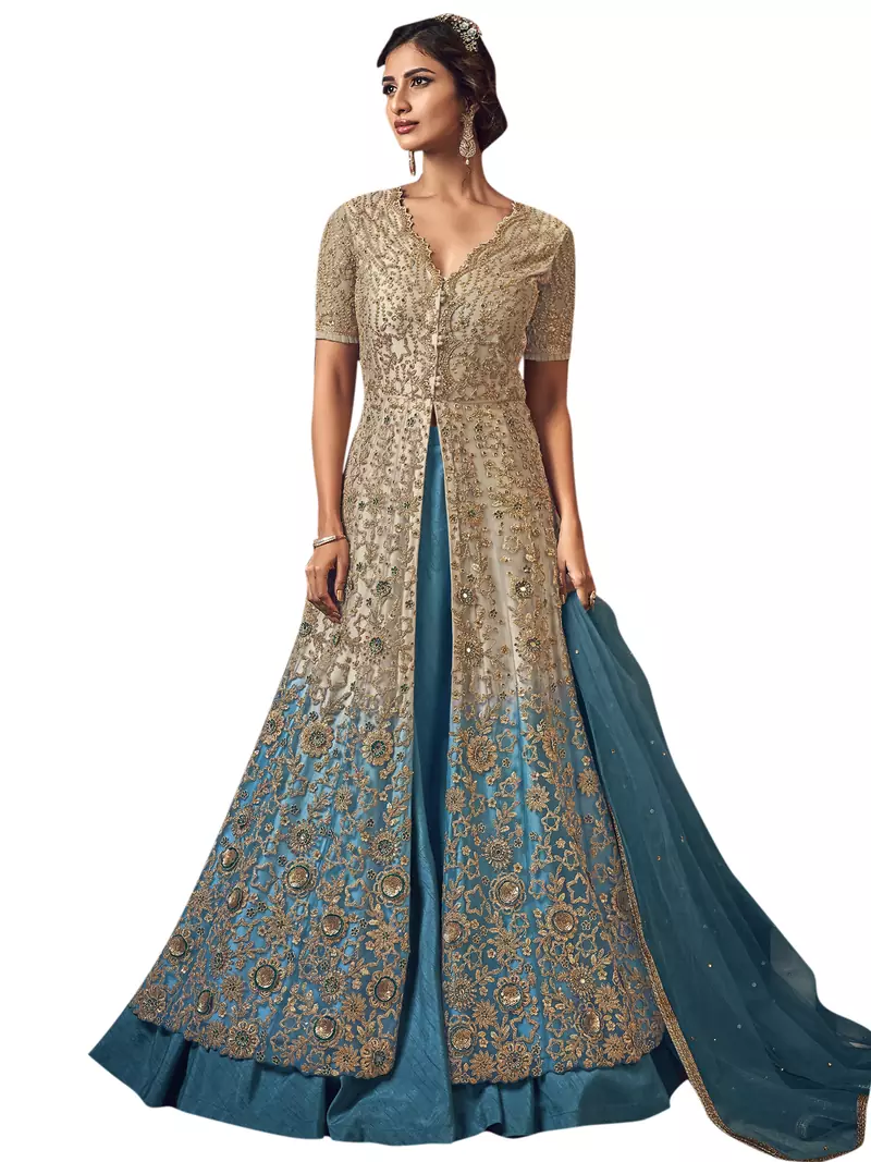 Beige embroidered net salwar