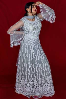House Of Sitara Grey heavy embroidered long gown with bell sleeves online 1