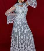 House Of Sitara Grey heavy embroidered long gown with bell sleeves online