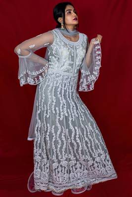 House Of Sitara Grey heavy embroidered long gown with bell sleeves online 2