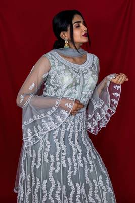 House Of Sitara Grey heavy embroidered long gown with bell sleeves online 3