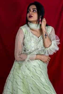 House Of Sitara Powder green Gown with heavy embroidery online 3