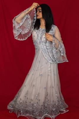 House Of Sitara Grey jacket style embroidered long gown online 1