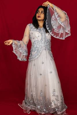 House Of Sitara Grey jacket style embroidered long gown online 2