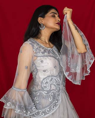 House Of Sitara Grey jacket style embroidered long gown online 3