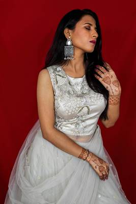 House Of Sitara Light Green designer style stone embroidered long gown with attached dupatta online 1