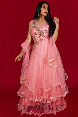House Of Sitara Bubblegum Pink beads and sequin embroidered long gown with dupatta online 1
