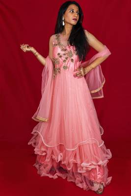 House Of Sitara Bubblegum Pink beads and sequin embroidered long gown with dupatta online 2