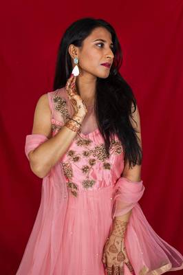 House Of Sitara Bubblegum Pink beads and sequin embroidered long gown with dupatta online 3