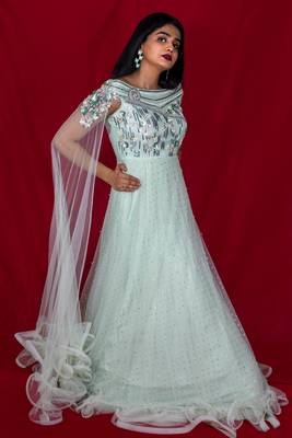 House Of Sitara Pastel green designer style off shoulders long gown with attached dupatta online 1