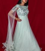 House Of Sitara Pastel green designer style off shoulders long gown with attached dupatta online