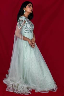 House Of Sitara Pastel green designer style off shoulders long gown with attached dupatta online 2