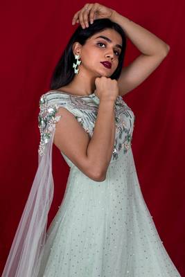 House Of Sitara Pastel green designer style off shoulders long gown with attached dupatta online 3