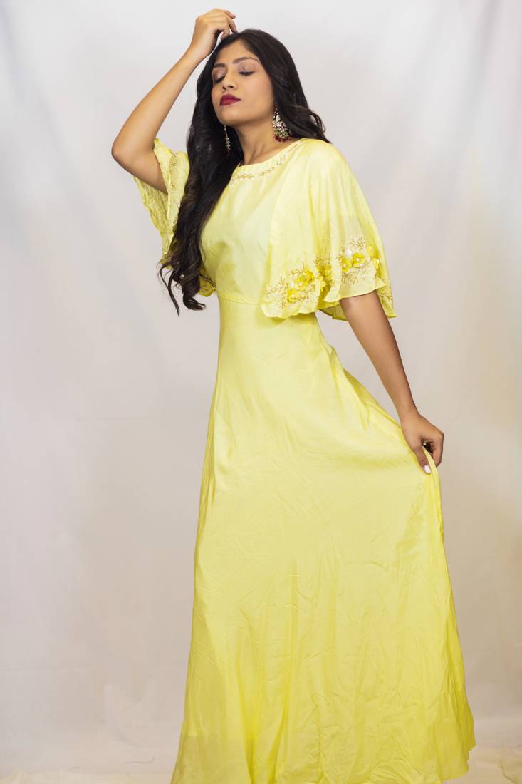 lemon colour dress design Lemon Yellow Silk Organza Cutwork Maxi Dress XL / Yellow