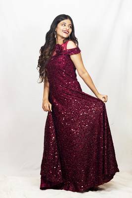 House Of Sitara Maroon Sequin Net Gown Online 1