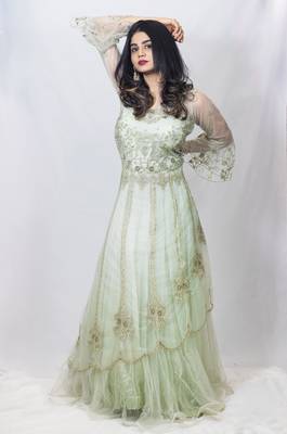 House Of Sitara Green Fancy Long Gown With Heavy Thread Embroidery Online 1