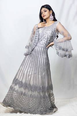 House Of Sitara Grey heavy embroidered long gown with bell sleeves online 1