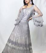House Of Sitara Grey heavy embroidered long gown with bell sleeves online