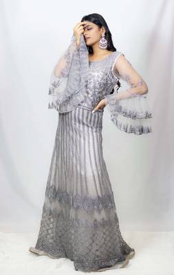 House Of Sitara Grey heavy embroidered long gown with bell sleeves online 2