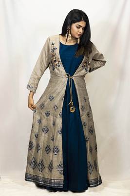 House Of Sitara Grey and Navy Blue jacket style embroidered long gown online 1