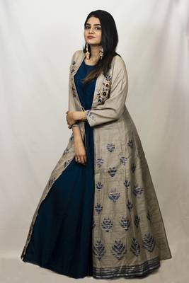 House Of Sitara Grey and Navy Blue jacket style embroidered long gown online 2