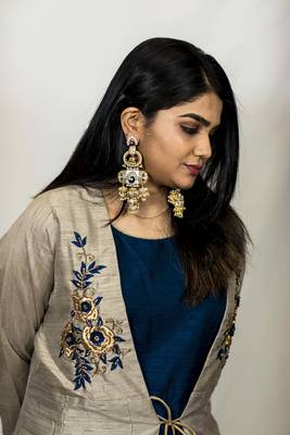 House Of Sitara Grey and Navy Blue jacket style embroidered long gown online 3
