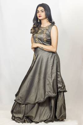 House Of Sitara Grey Fancy Cut Satin Long Gown Online 1