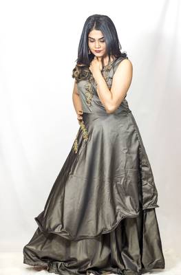 House Of Sitara Grey Fancy Cut Satin Long Gown Online 2