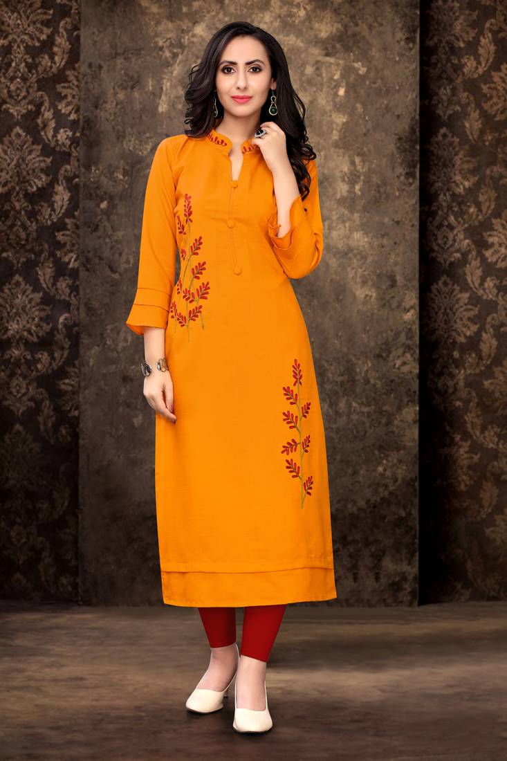 Leaf Mustard Yellow Embroidery Work and Mandarin Colla Straight Kurta for Women