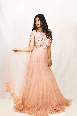 House Of Sitara Peach Off Shoulder Designer Gown with heavy embroidery online 1