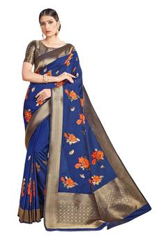 Navy Blue Woven Silk Blend Saree With Blouse