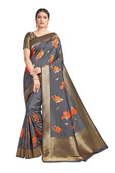 Grey Woven Silk Blend Saree With Blouse